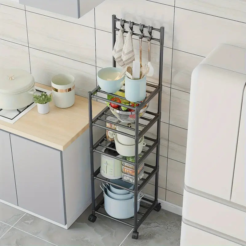 5-Layer Kitchen Household Storage Rack With Pulleys & Hooks