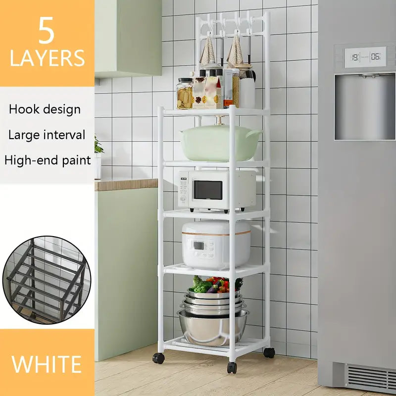 5-Layer Kitchen Household Storage Rack With Pulleys & Hooks