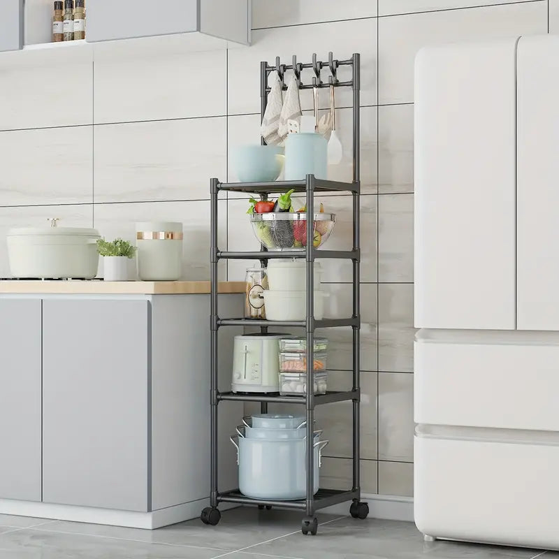 5-Layer Kitchen Household Storage Rack With Pulleys & Hooks