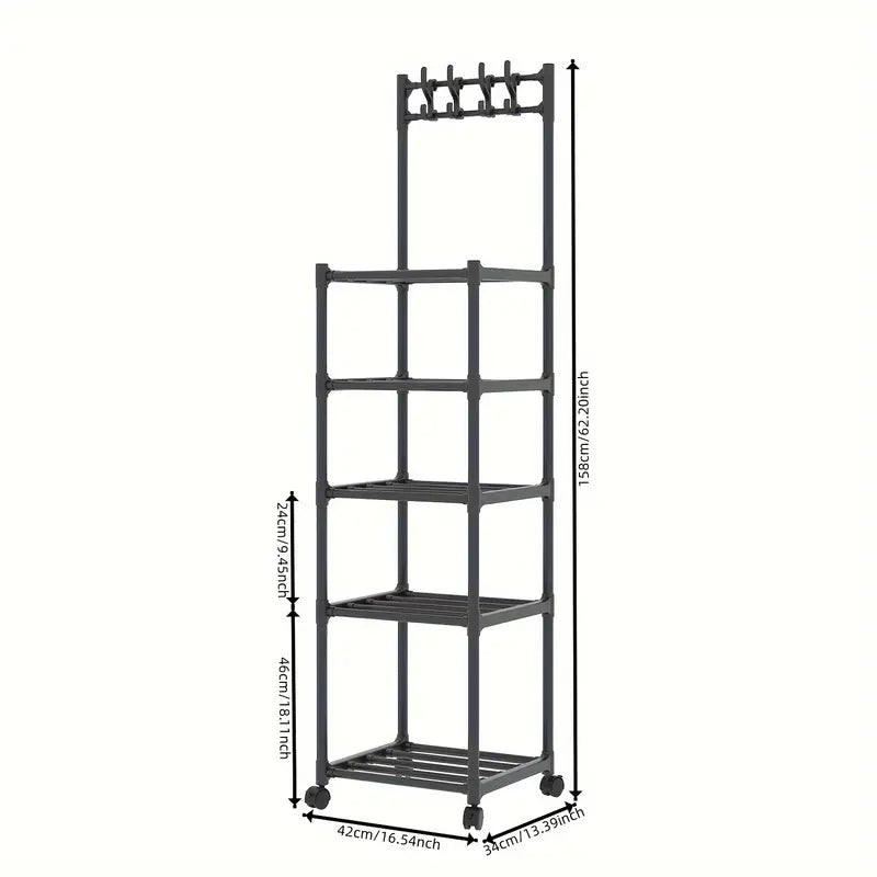 5-Layer Kitchen Household Storage Rack With Pulleys & Hooks