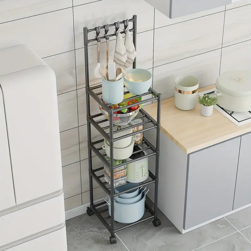 5-Layer Kitchen Household Storage Rack With Pulleys & Hooks