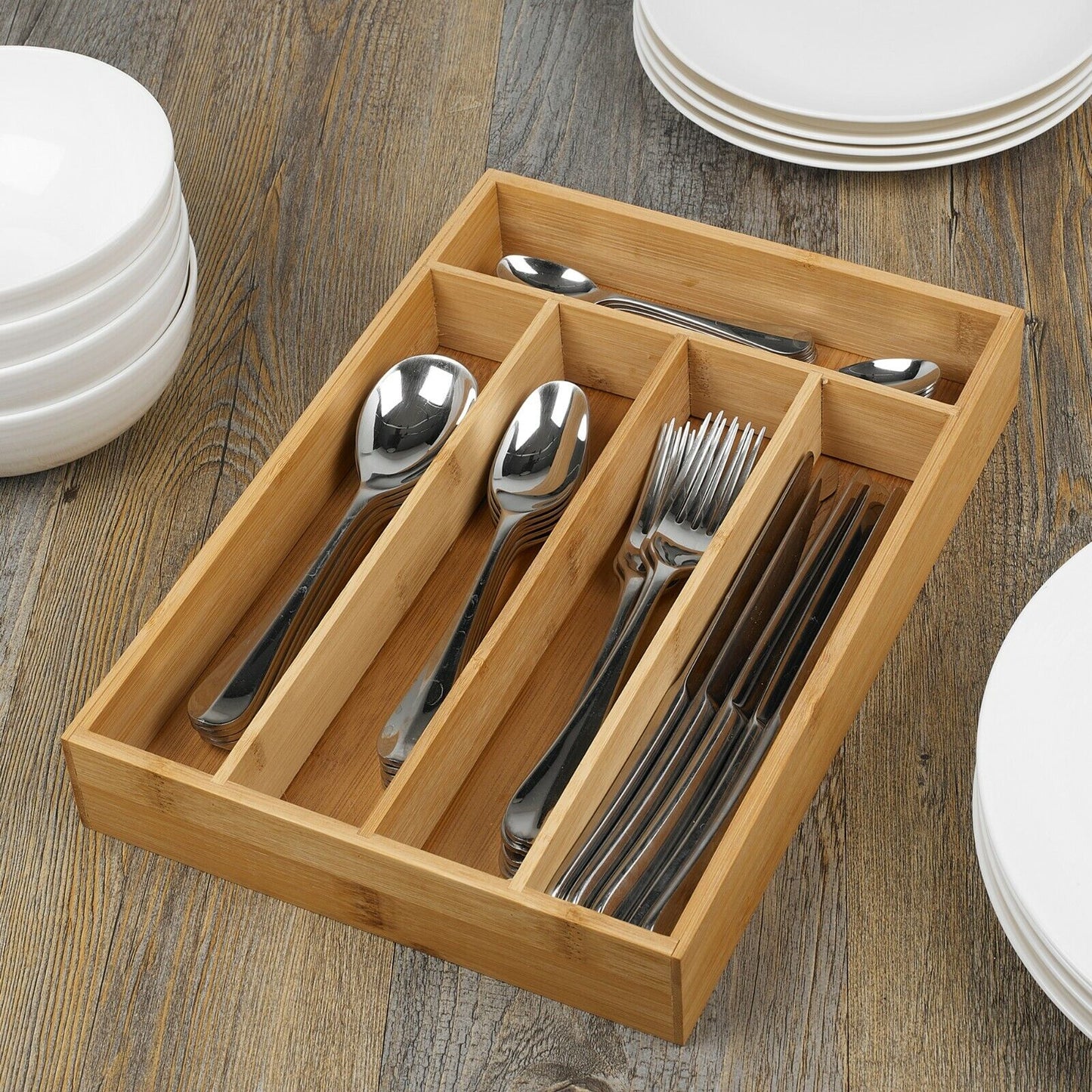 5 Compartment Bamboo Cutlery Tray, Kitchen Drawer Utensils Holder, Wooden Knife Fork Spoon Organizer Case