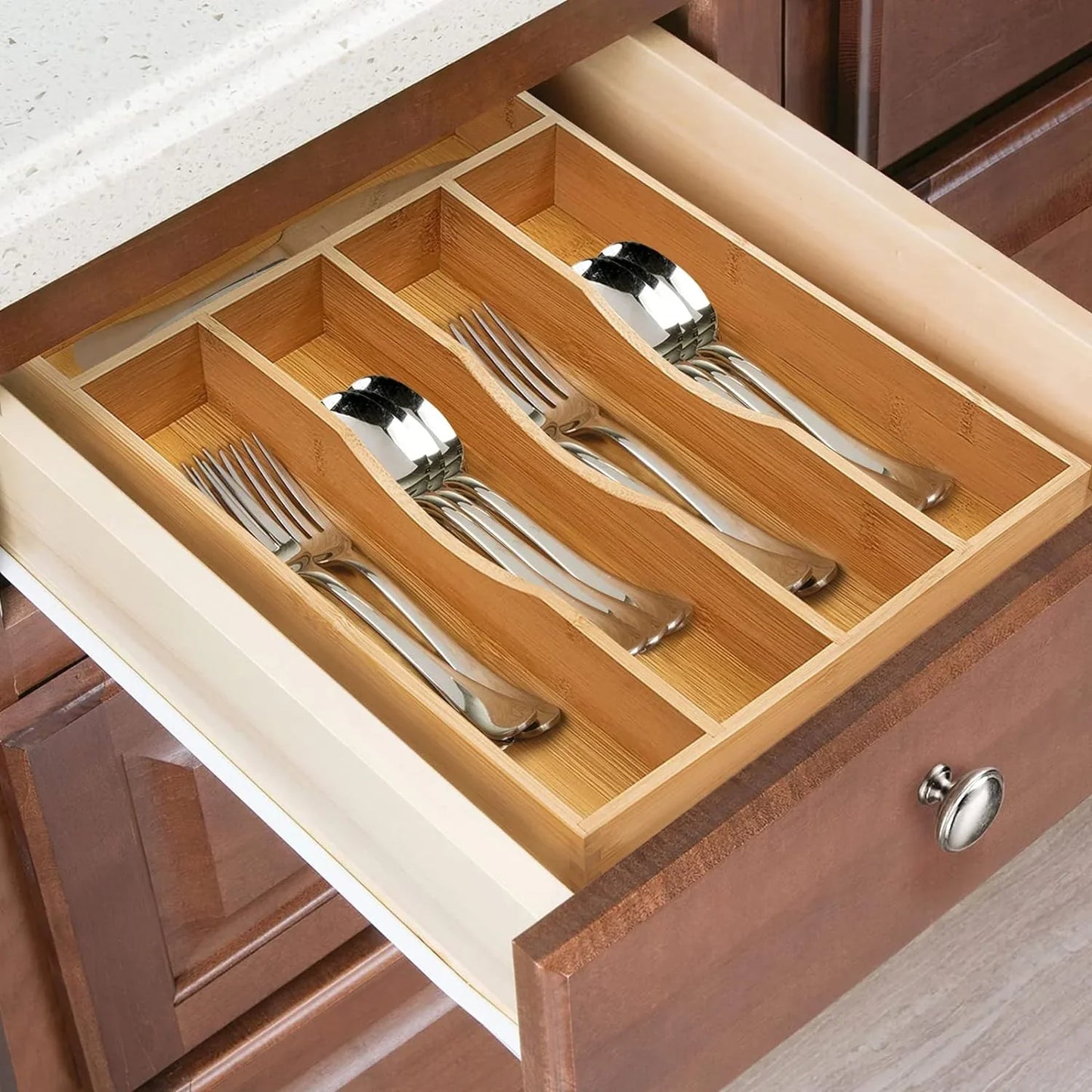 5 Compartment Bamboo Cutlery Tray, Kitchen Drawer Utensils Holder, Wooden Knife Fork Spoon Organizer Case