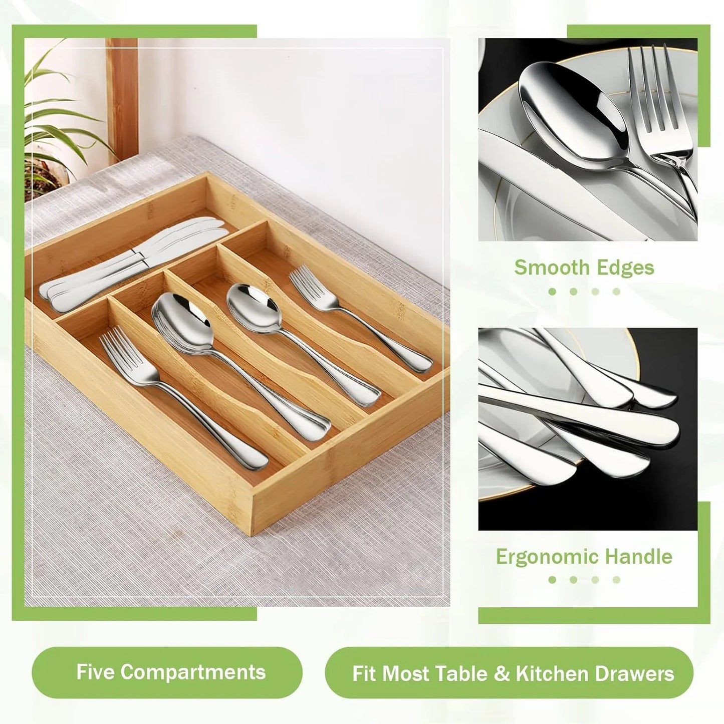 5 Compartment Bamboo Cutlery Tray, Kitchen Drawer Utensils Holder, Wooden Knife Fork Spoon Organizer Case