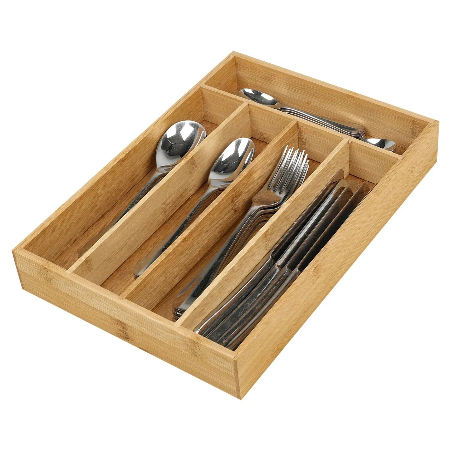 5 Compartment Bamboo Cutlery Tray, Kitchen Drawer Utensils Holder, Wooden Knife Fork Spoon Organizer Case