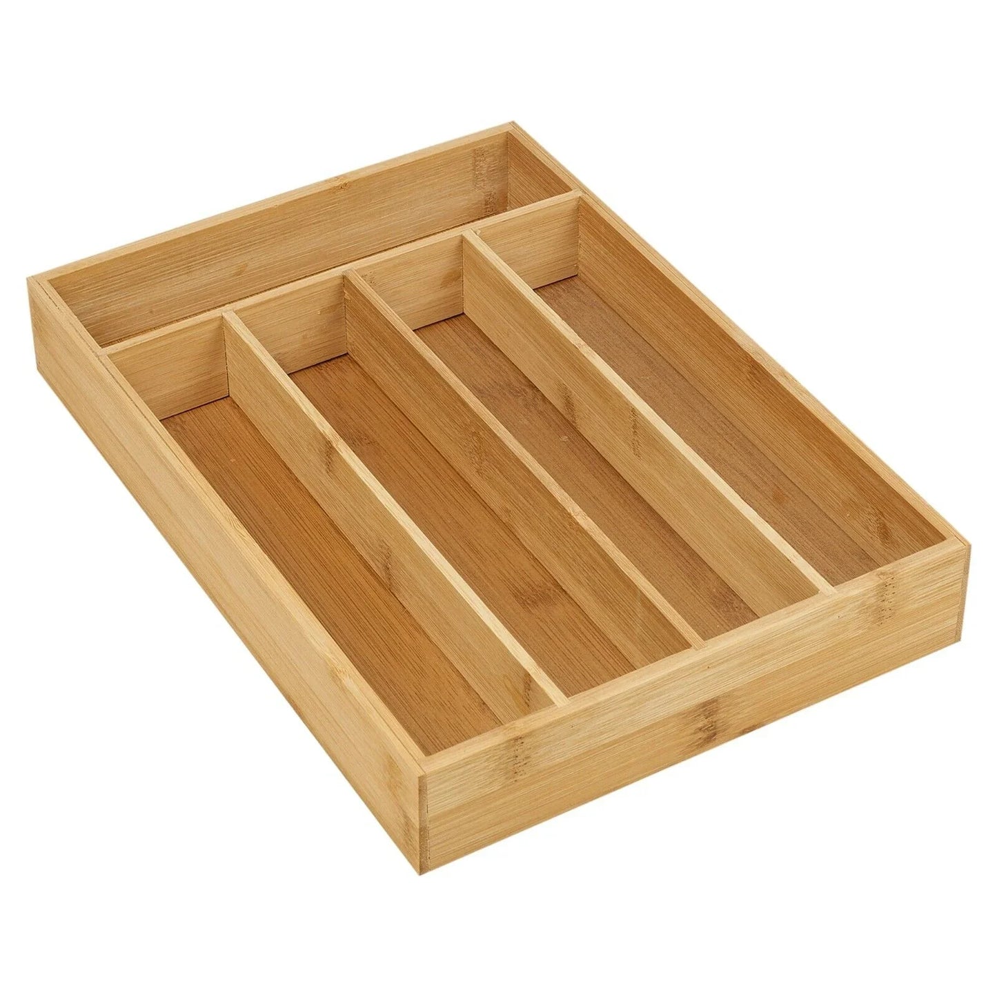 5 Compartment Bamboo Cutlery Tray, Kitchen Drawer Utensils Holder, Wooden Knife Fork Spoon Organizer Case