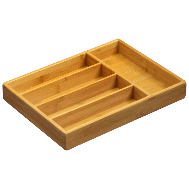 5 Compartment Bamboo Cutlery Tray, Kitchen Drawer Utensils Holder, Wooden Knife Fork Spoon Organizer Case