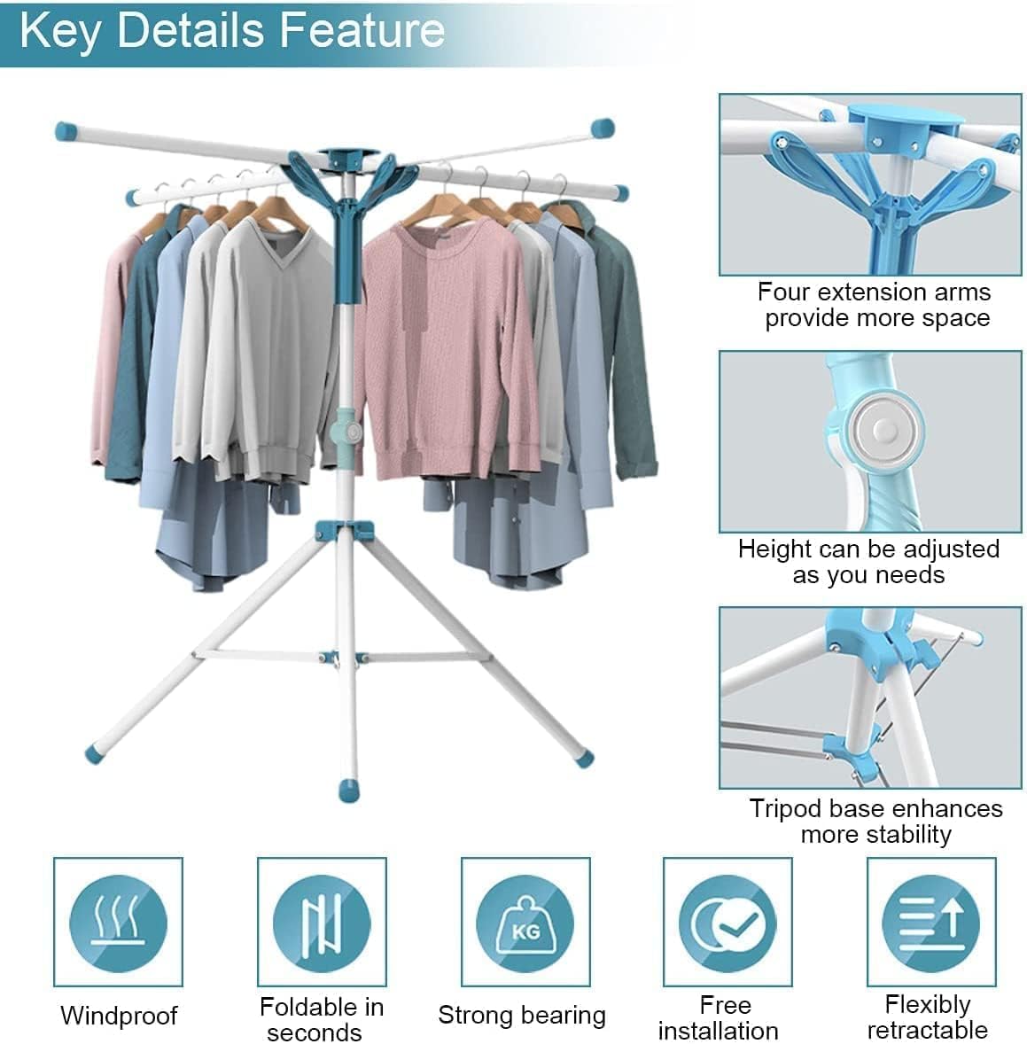 2 Tier Folding Clothes Drying Rack, Collapsible Tripod Clothes Steel Drying Rack