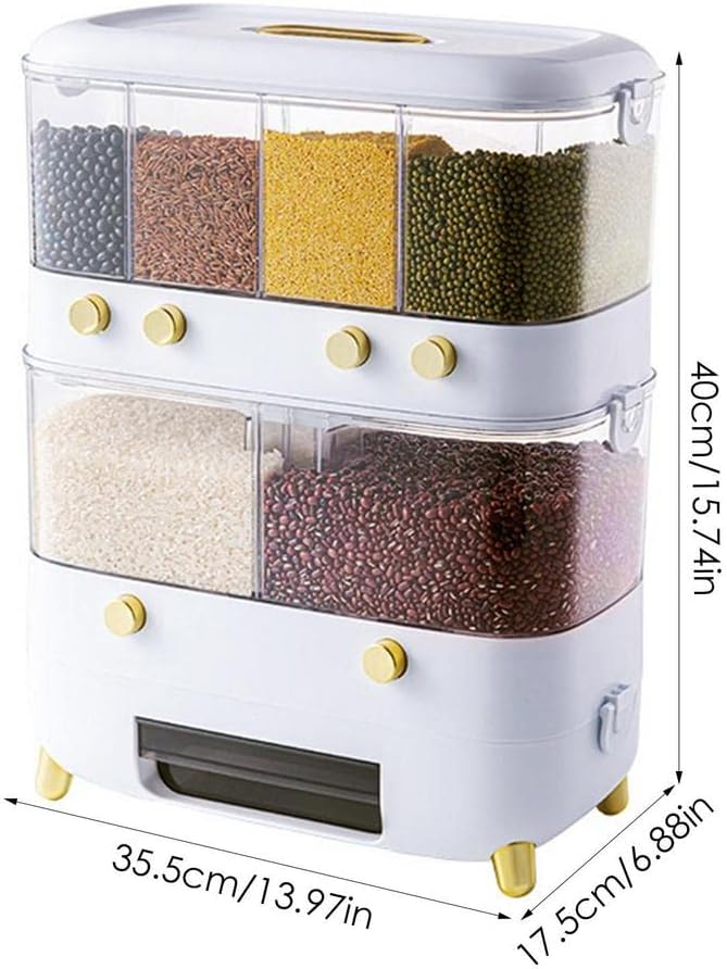 Rice Grain Storage Container, Multi-Division Grid Widely Used Rice Storage Box Dispenser (6 Grids White)