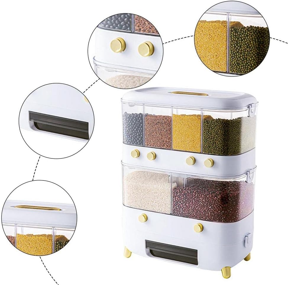 Rice Grain Storage Container, Multi-Division Grid Widely Used Rice Storage Box Dispenser (6 Grids White)