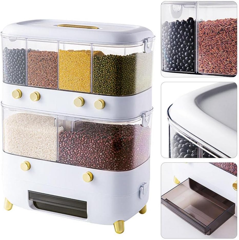 Rice Grain Storage Container, Multi-Division Grid Widely Used Rice Storage Box Dispenser (6 Grids White)