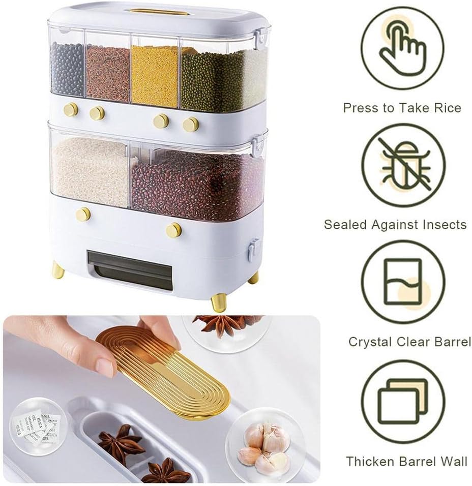Rice Grain Storage Container, Multi-Division Grid Widely Used Rice Storage Box Dispenser (6 Grids White)