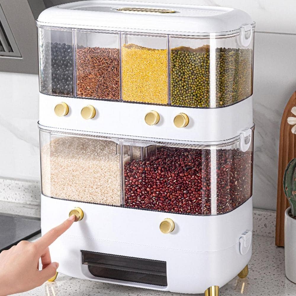 Rice Grain Storage Container, Multi-Division Grid Widely Used Rice Storage Box Dispenser (6 Grids White)