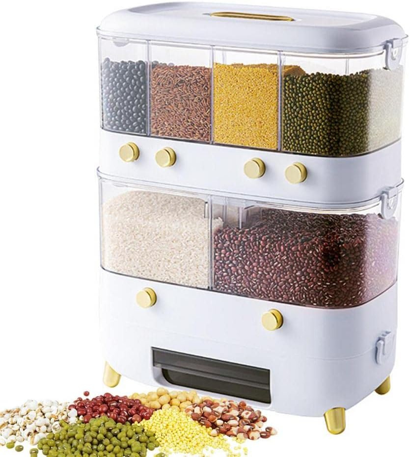 Rice Grain Storage Container, Multi-Division Grid Widely Used Rice Storage Box Dispenser (6 Grids White)