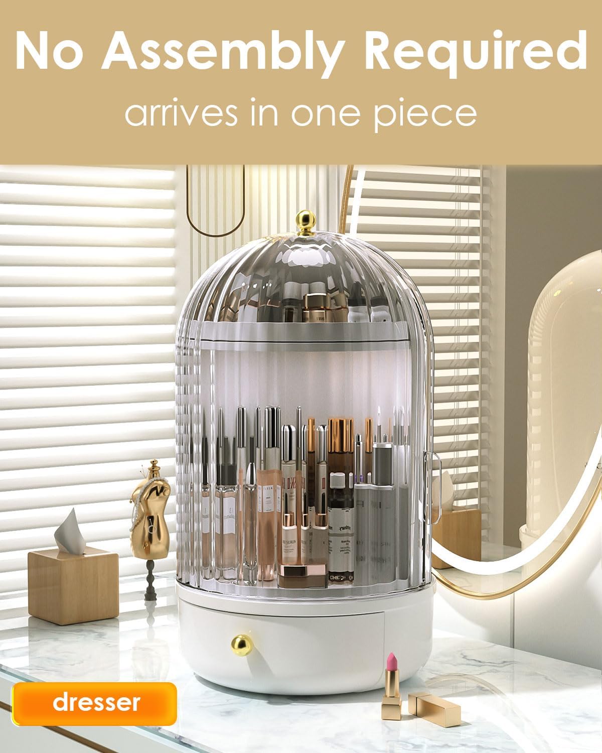 Rotating Makeup Storage With Cover And Drawer, Large Skincare Cosmetics Organizer