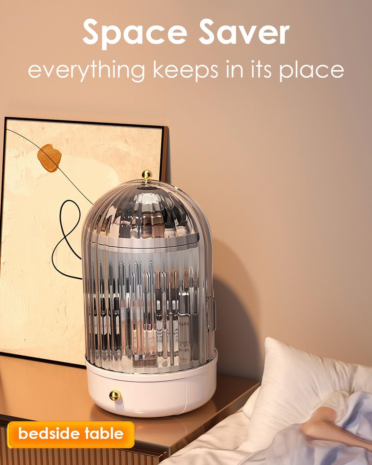 Rotating Makeup Storage With Cover And Drawer, Large Skincare Cosmetics Organizer