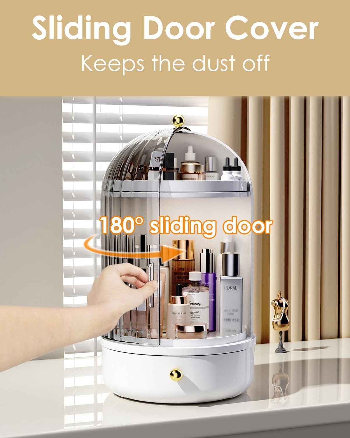 Rotating Makeup Storage With Cover And Drawer, Large Skincare Cosmetics Organizer