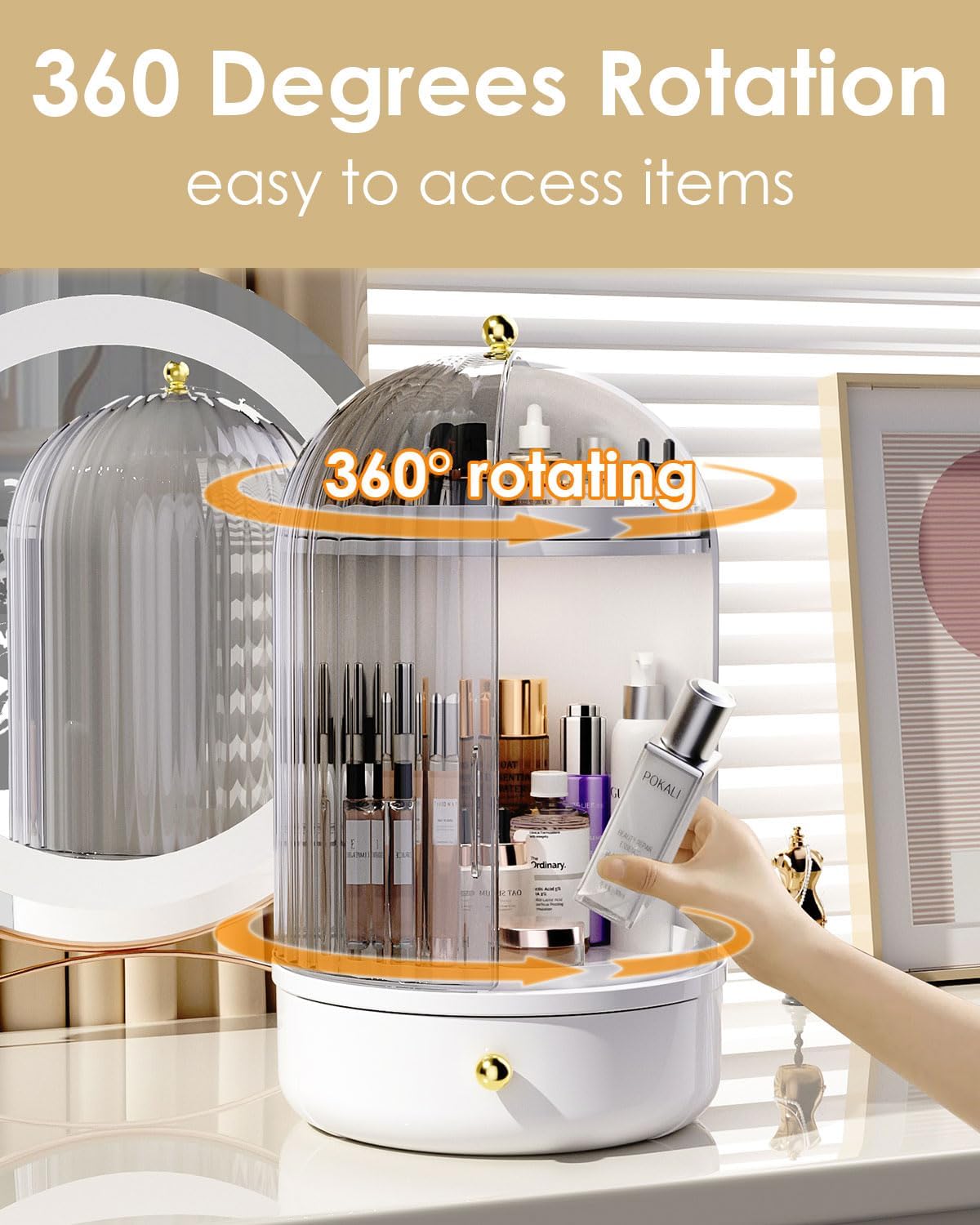 Rotating Makeup Storage With Cover And Drawer, Large Skincare Cosmetics Organizer