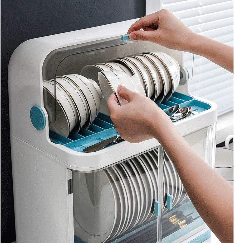 Kitchen Dish Drainer Plastic With Lid Drainer Rack Drip Tray Cutlery Holder - Covered Dish Rack 2 Layer Dust-Safe