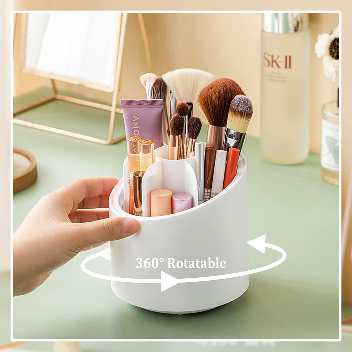 Makeup Brush Holder With Lid, Rotatable Clear Acrylic Makeup Brush Organizer Cup