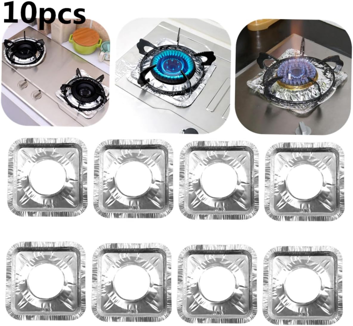 (Pack of 10) Aluminum Foil Gas Stove Burner Covers, Aluminum Foil Plate Gas Hob Protector Burner Cover