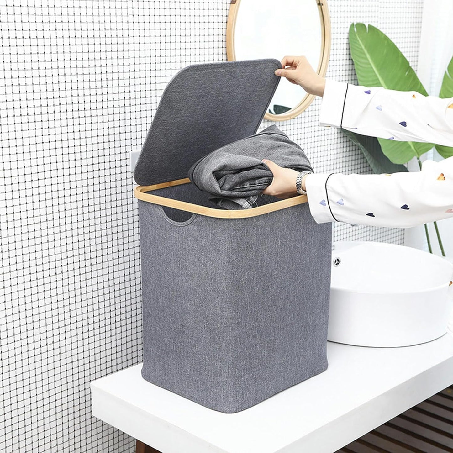 Bamboo Laundry Hamper Basket with Lid and Handle