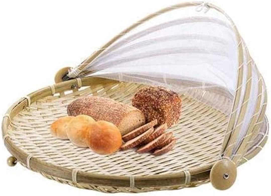 Handcrafted Bamboo Food Basket With Cover - Foldable, Fly & Mosquito Proof Mesh Cover Basket, Perfect for Fruits, Vegetables, Bread Storage