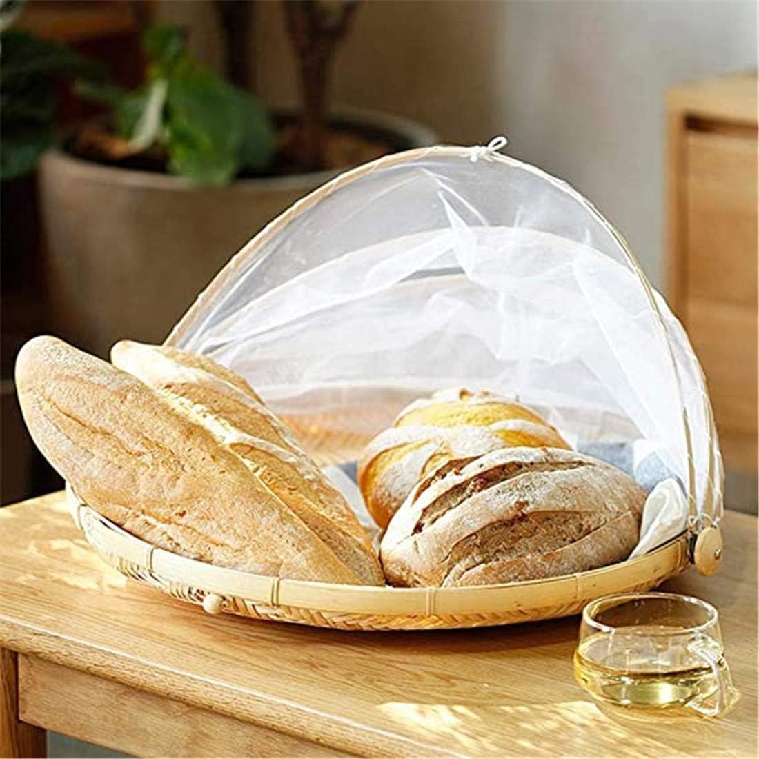 Handcrafted Bamboo Food Basket With Cover - Foldable, Fly & Mosquito Proof Mesh Cover Basket, Perfect for Fruits, Vegetables, Bread Storage