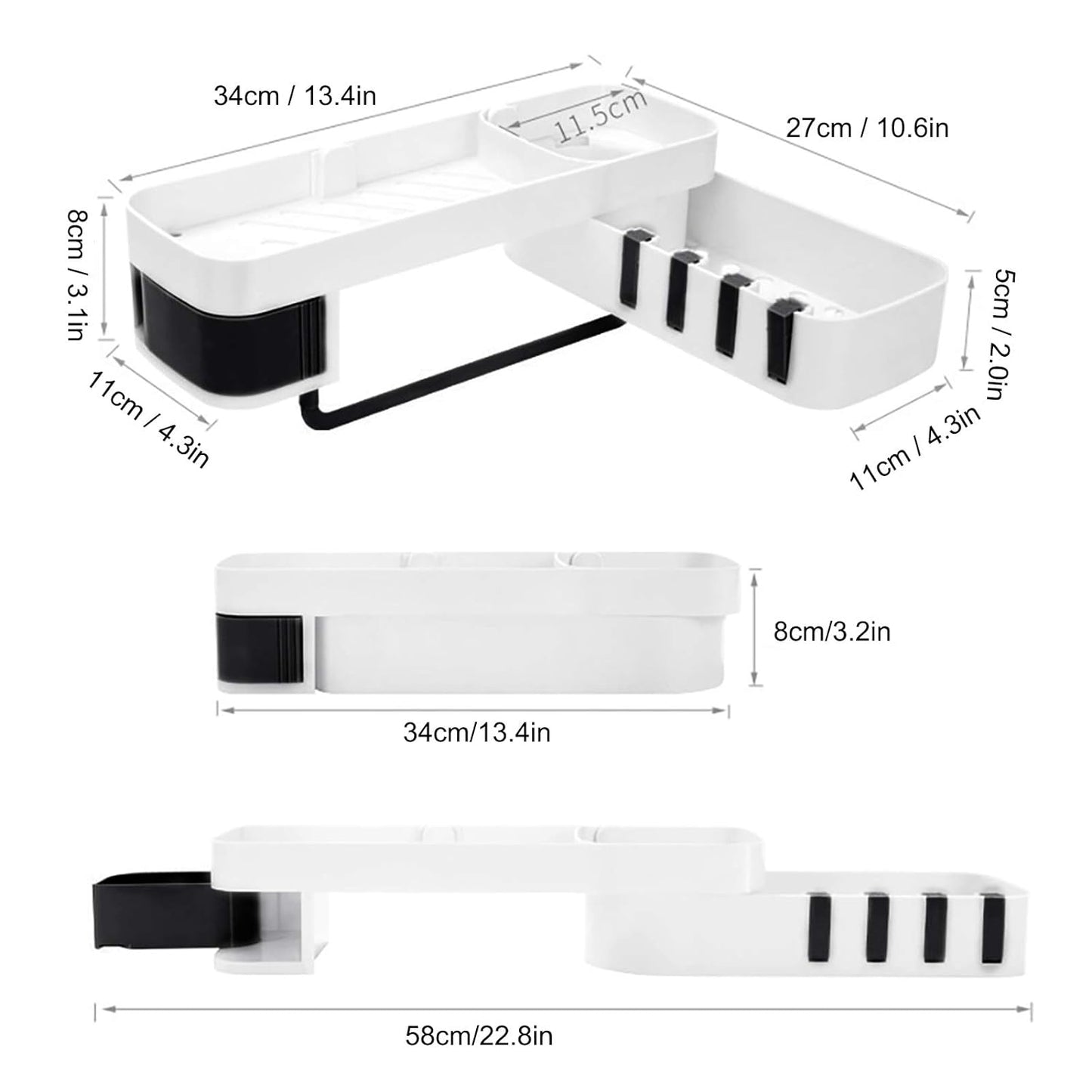 Shower Shelf, ABS Bathroom Shelf, No Drilling For Bathroom Kitchen (White Black)