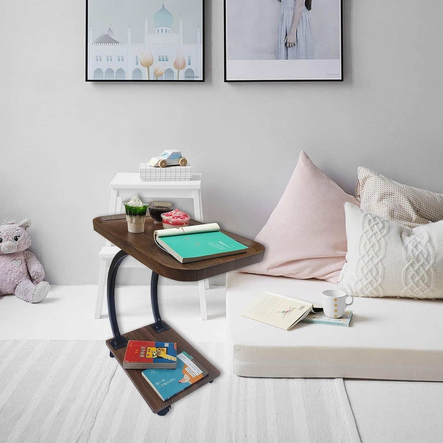 C Shaped Side Tables With 360° Universal Wheel, Small Coffee End Side Table
