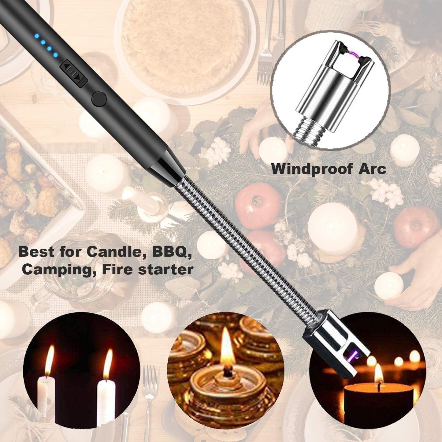 Candle Lighter - Flexible Plasma Arc Long Neck USB Lighter Rechargeable Windproof Flameless For Candles, Grill, Cooking, Camping, Hiking