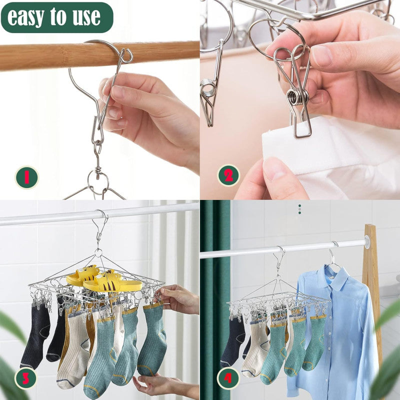 Clothes Dryer with 40 Clips, Metal Sock Hangers with Clips, Underwear Hanger for Washing Line Accessories, Stainless Steel Clothes Sock Drying Rack, Laundry Drip Airer Hanger with Clips