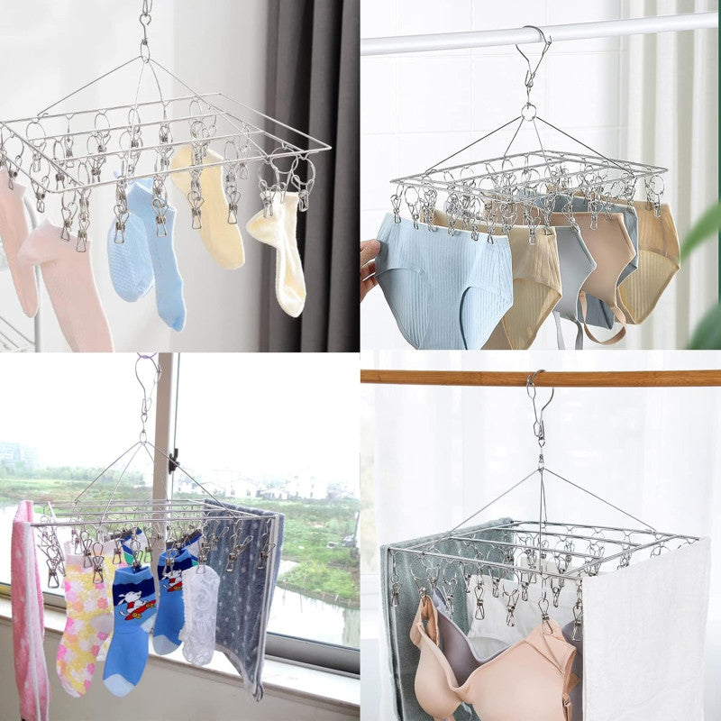 Clothes Dryer with 40 Clips, Metal Sock Hangers with Clips, Underwear Hanger for Washing Line Accessories, Stainless Steel Clothes Sock Drying Rack, Laundry Drip Airer Hanger with Clips
