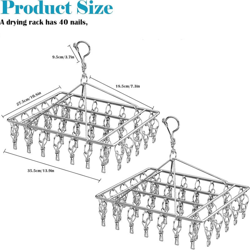 Clothes Dryer with 40 Clips, Metal Sock Hangers with Clips, Underwear Hanger for Washing Line Accessories, Stainless Steel Clothes Sock Drying Rack, Laundry Drip Airer Hanger with Clips