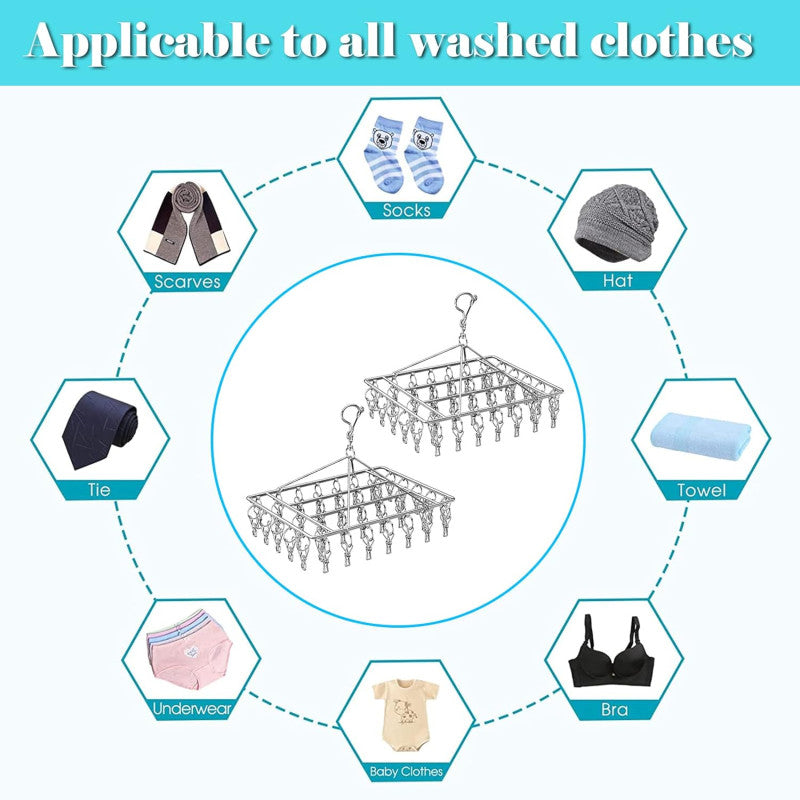 Clothes Dryer with 40 Clips, Metal Sock Hangers with Clips, Underwear Hanger for Washing Line Accessories, Stainless Steel Clothes Sock Drying Rack, Laundry Drip Airer Hanger with Clips