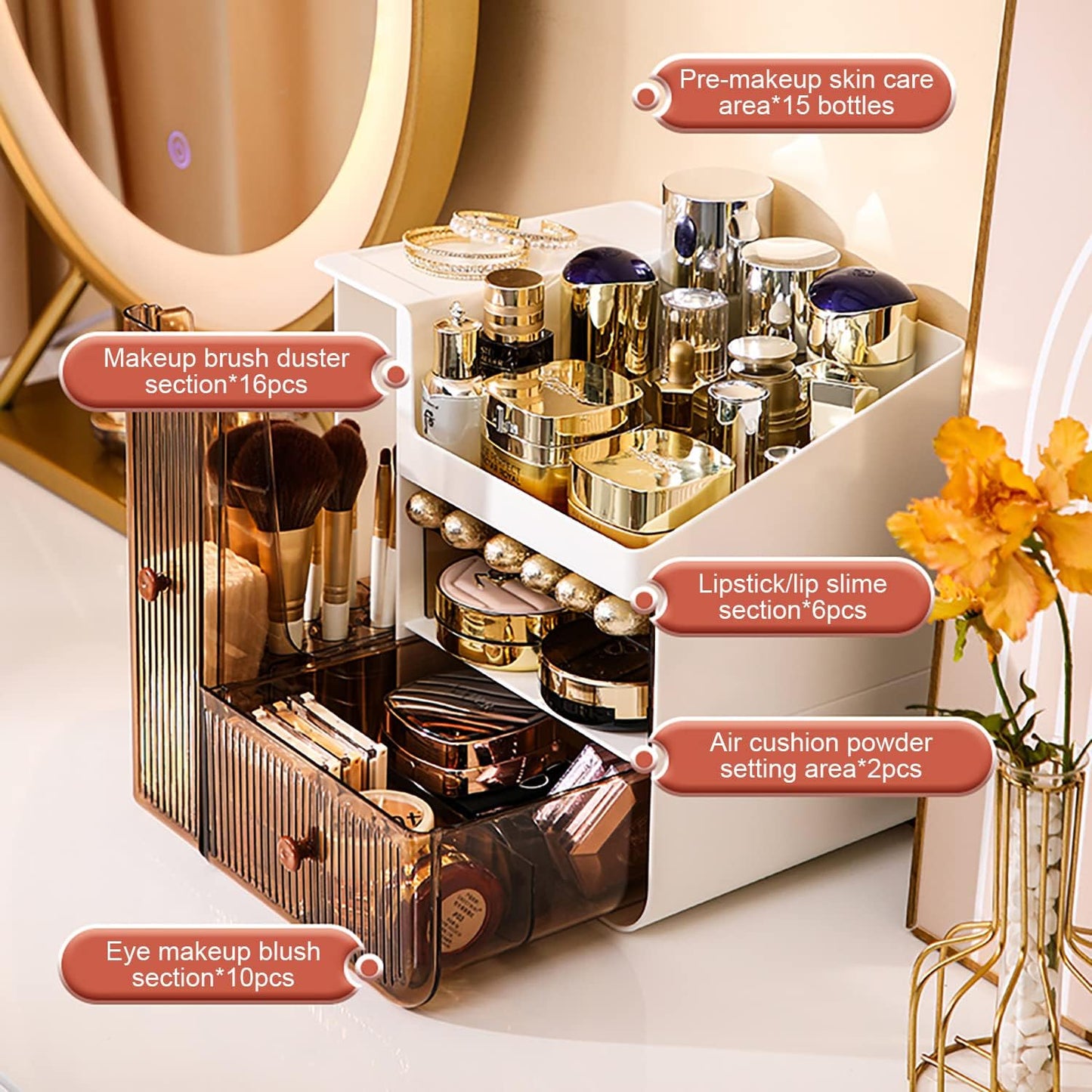 Large Capacity Makeup Organiser Desktop Drawers For Vanity, Cosmetic Desk Organiser Storage Box