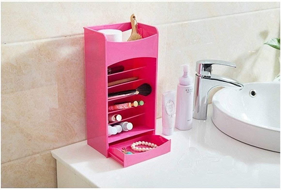 Cosmetic Storage And Organizer With Multi Layer Adjustable Rack Holder And A Drawer For Nail Polish, Lipstick, Brushes
