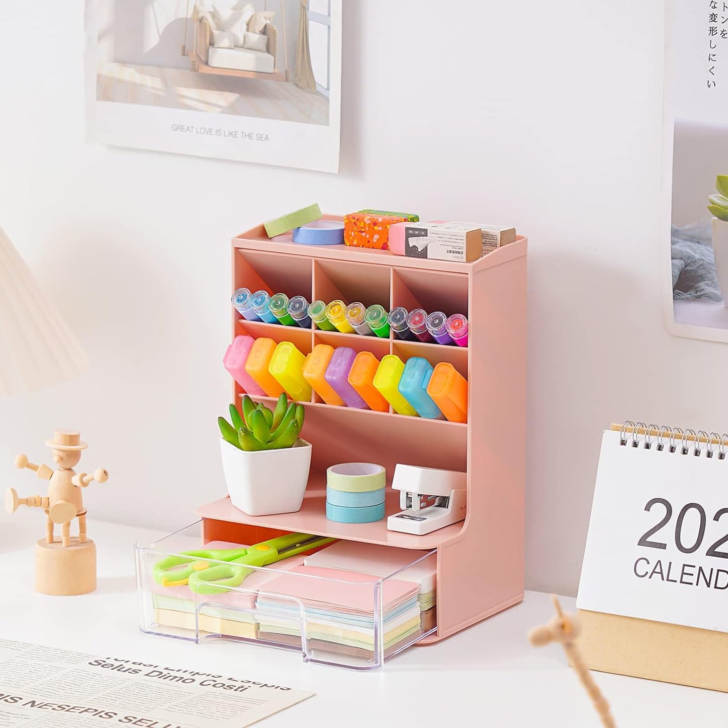 Desk Pencil Pen Holder, Slant Pen Organizer With Drawer, Desktop Storage Stationery Supplies Organizer For School Office