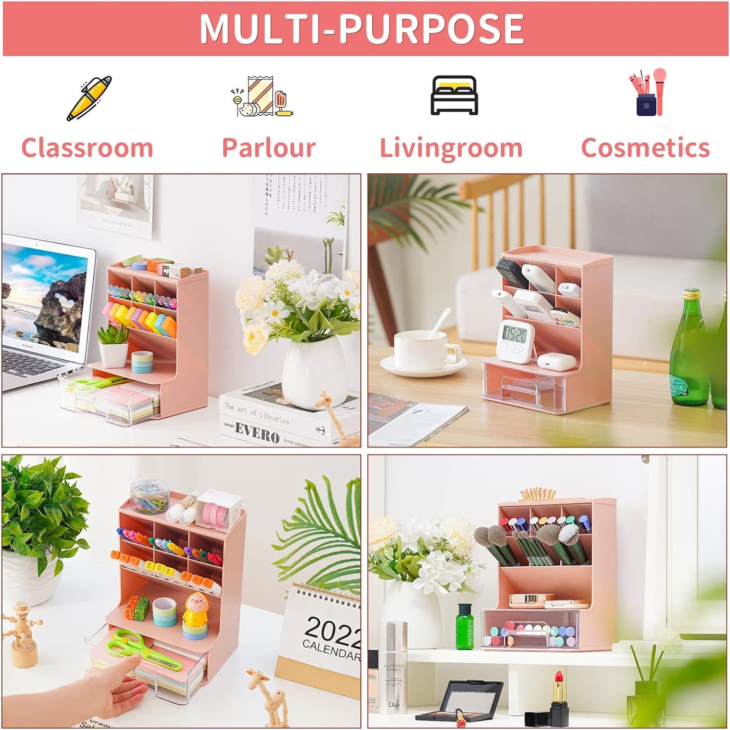 Desk Pencil Pen Holder, Slant Pen Organizer With Drawer, Desktop Storage Stationery Supplies Organizer For School Office