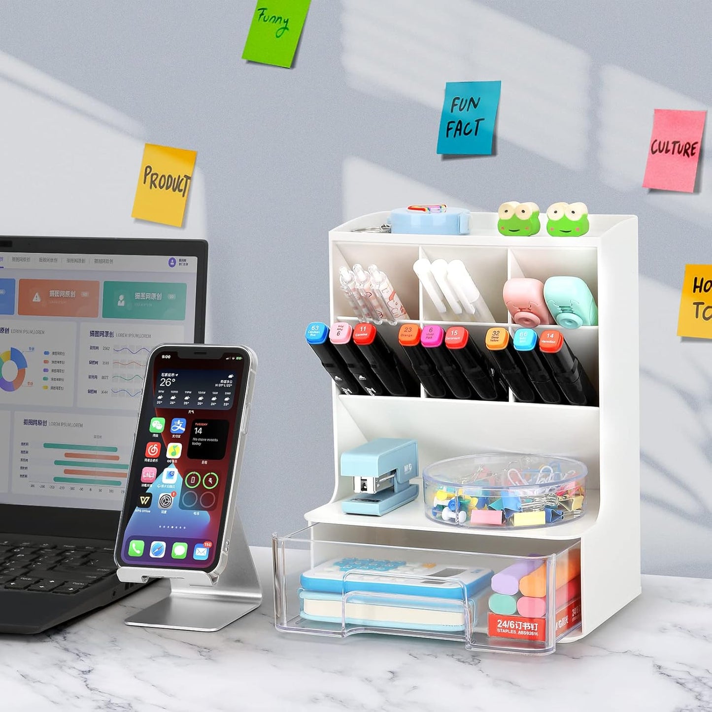 Desk Pencil Pen Holder, Slant Pen Organizer With Drawer, Desktop Storage Stationery Supplies Organizer For School Office