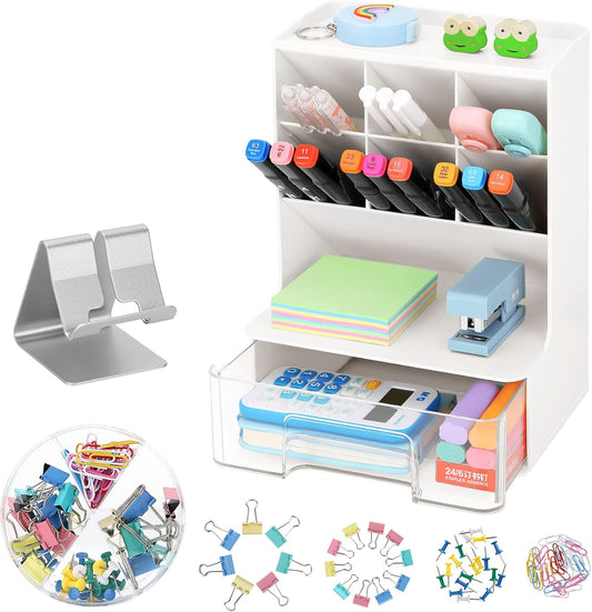 Desk Pencil Pen Holder, Slant Pen Organizer With Drawer, Desktop Storage Stationery Supplies Organizer For School Office