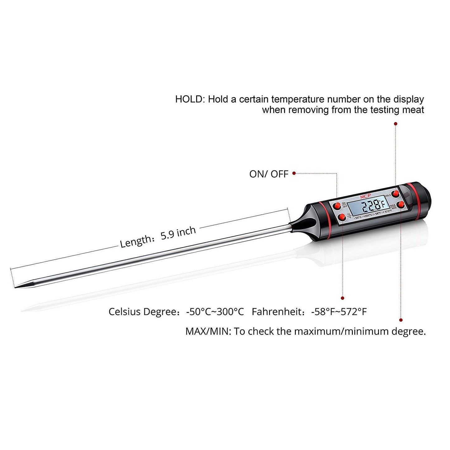Stainless Steel Digital Instant Read Thermometer For Cooking Kitchen Food, Meat & Bbq