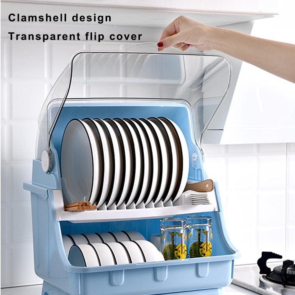 Dish Drying Rack with Lid, 2 Tier Dish Rack with Utensil Holder, Cup Holder and Dish Drainer for Kitchen Counter, Plastic Dish Drainer Shelf with Swivel Spout Dish Rack