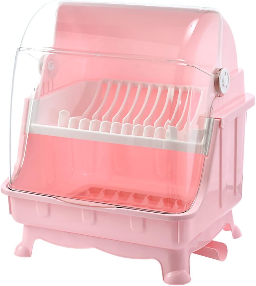 Dish Drying Rack with Lid, 2 Tier Dish Rack with Utensil Holder, Cup Holder and Dish Drainer for Kitchen Counter, Plastic Dish Drainer Shelf with Swivel Spout Dish Rack