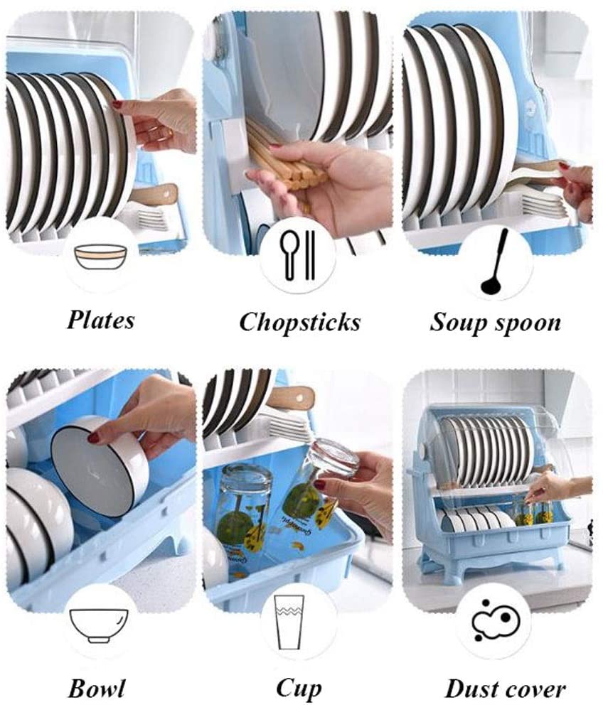Dish Drying Rack with Lid, 2 Tier Dish Rack with Utensil Holder, Cup Holder and Dish Drainer for Kitchen Counter, Plastic Dish Drainer Shelf with Swivel Spout Dish Rack