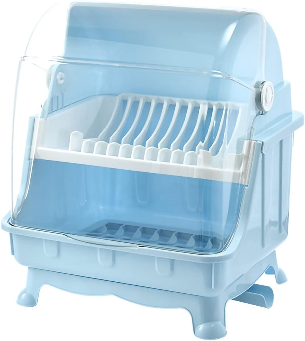 Dish Drying Rack with Lid, 2 Tier Dish Rack with Utensil Holder, Cup Holder and Dish Drainer for Kitchen Counter, Plastic Dish Drainer Shelf with Swivel Spout Dish Rack