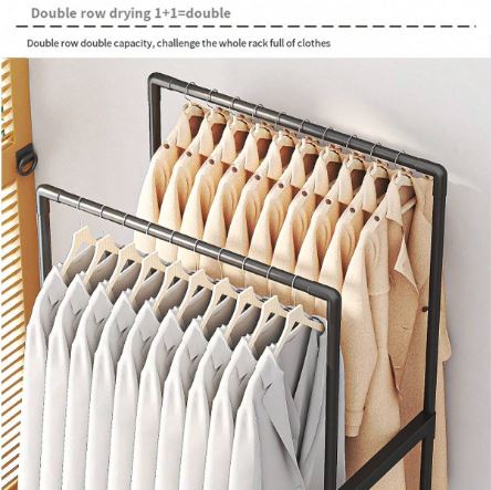 1Pc Double Pole Clothes Drying Rack With Wheels, Shoe Rack, Multi-Functional Clothes Hat Storage Rack