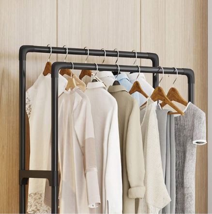 1Pc Double Pole Clothes Drying Rack With Wheels, Shoe Rack, Multi-Functional Clothes Hat Storage Rack
