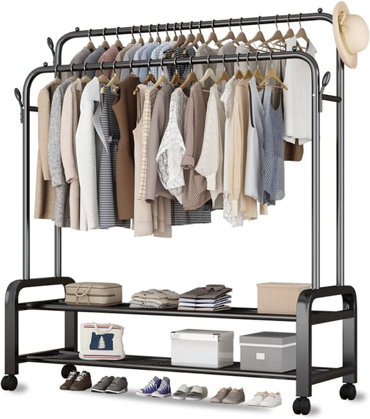 Clothes Rack With Shoe Shelf, Coat Display Stand With 4 Wheels For Bedroom (Color: Black)