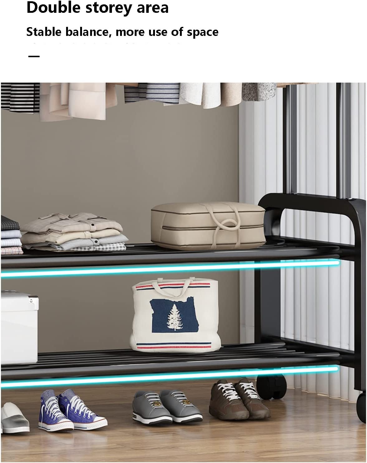 Clothes Rack With Shoe Shelf, Coat Display Stand With 4 Wheels For Bedroom (Color: Black)